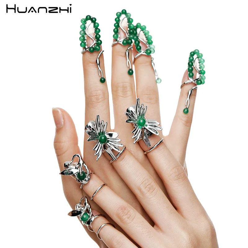 HUANZHI 2021 Новые Зеленые Бусины змея Открытые Кольца для ногтей женщин парные