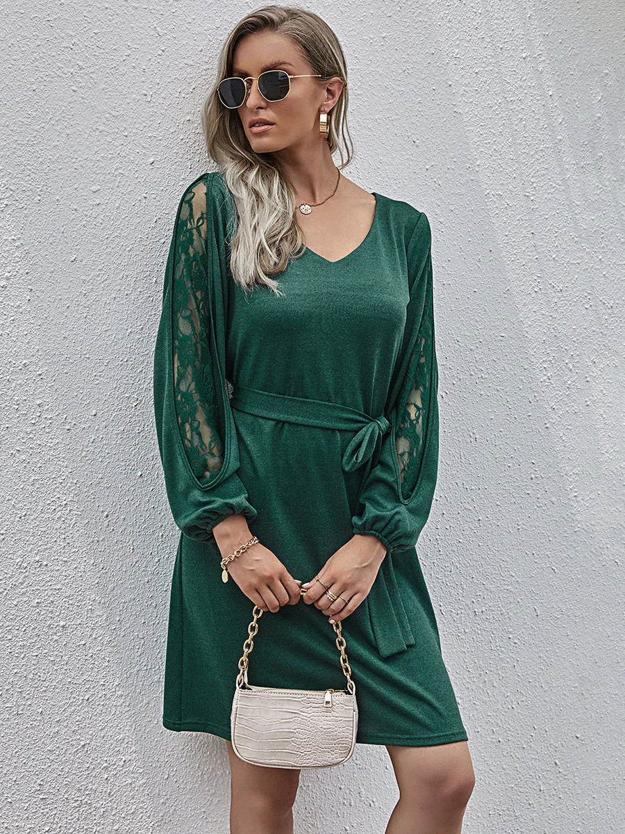 

Women Vintage V Neck Dress Casual Lace Patchwork A-Line Party Vestidos Spring Long Sleeve Sashes Mid Dress for Women2021