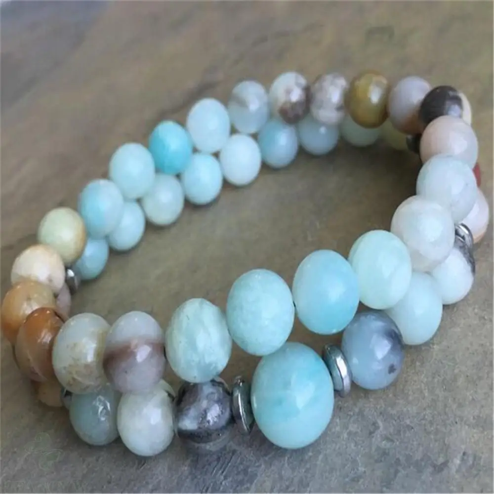 

2pcs 8mm Glossy Amazonite Stretch Bracelet 7.5 Inches Buddhism Lucky Handmade Yoga Mala Healing Bead Chakas Wrist Spirituality