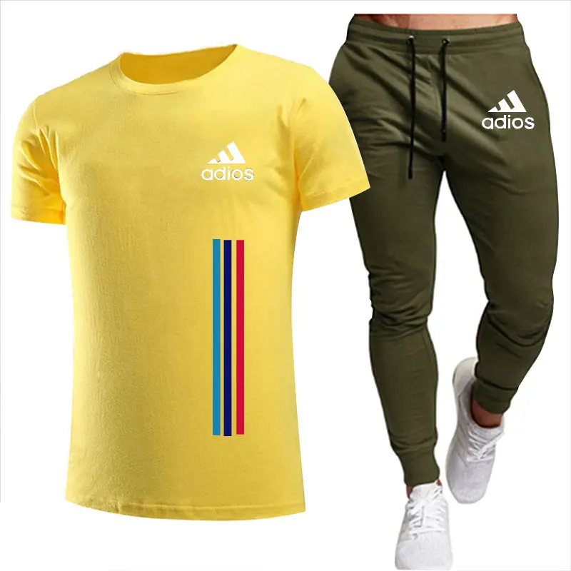 

2021new adios men's summer leisure sets t shirt + pants two piece casual tracksuit male sports clothing gym brand sweat suit