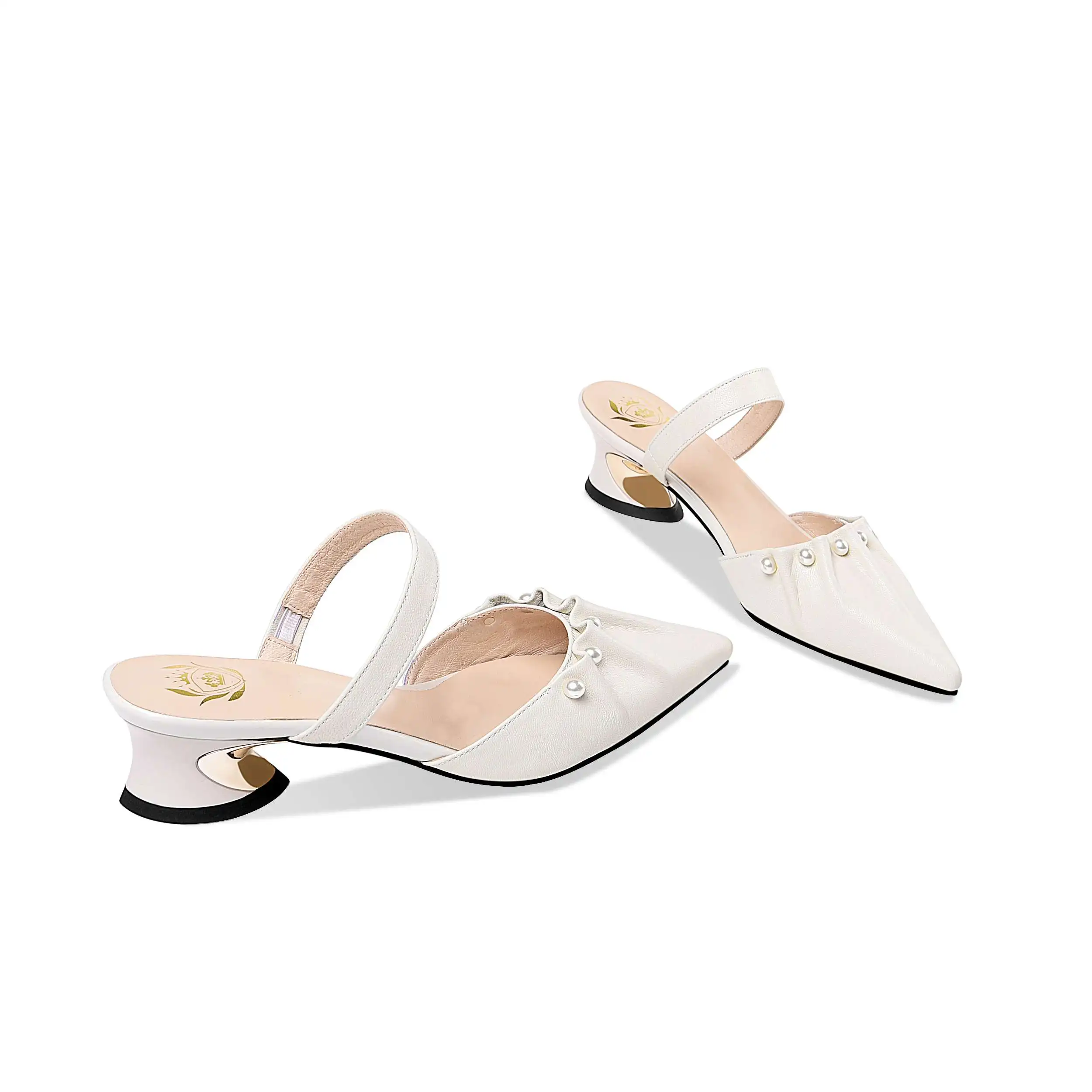 

lenkisen size 42 sheep leather med heels strange style pearl shallow pointed toe daliy wear dating slip on sandals women L21
