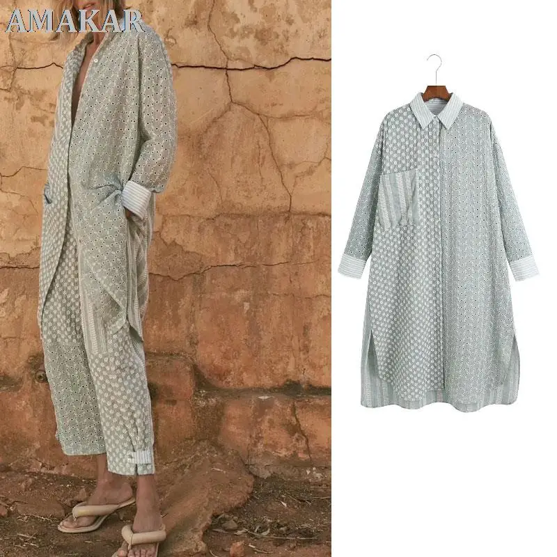 

Женская Удлиненная рубашка в стиле пэчворк, с длинными рукавами и карманами