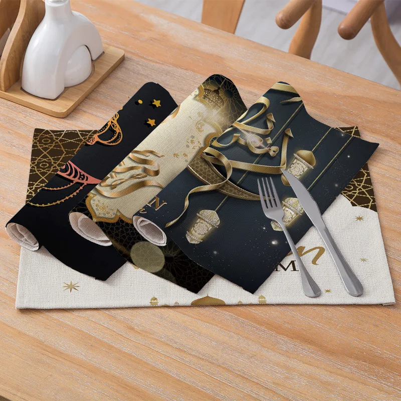 

Eid Mubarak Placemat Heat Resistant Mat coaster Drink Cup Linen Coasters Non-slip Pot Holder Table Kitchen Accessories Tool