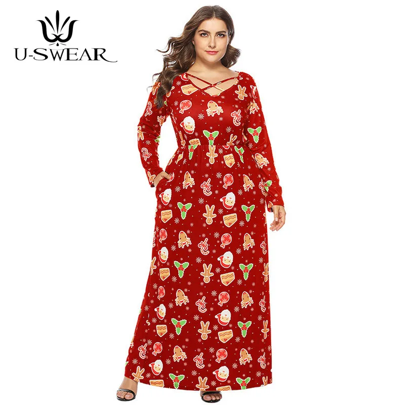 

Женское длинное платье, повседневное ТРАПЕЦИЕВИДНОЕ ПЛАТЬЕ С Карманами и V-образным вырезом, черное платье с рождественским принтом, платья...