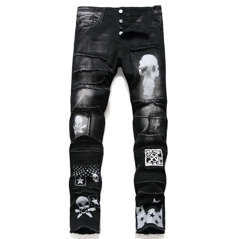 

New Men's male casual black skull stars printed jeans Streetwear buttons fly patchwork slim stretch denim fringe pants trousers