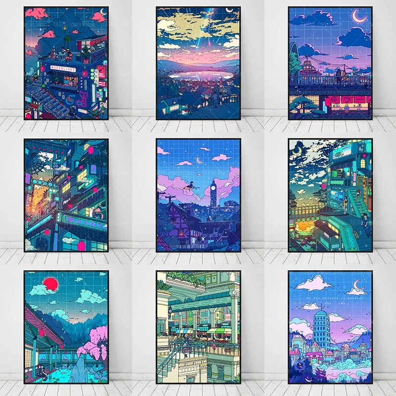 

Japanese classic anime "Attack on Titan" "Demon Slayer" Canvas Painting cartoon landscape street poster home decoration painting