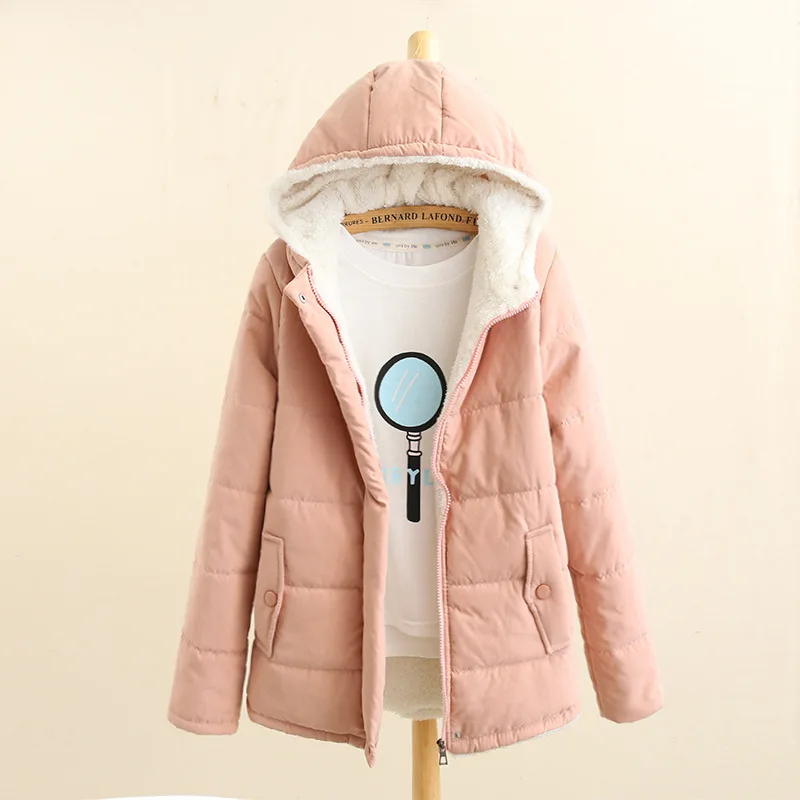 

Women Winter Fleece Parkas Coat New Korean Casual Jackets Cotton Hooded Windproof Warm Pink Khaki Velvet Coat for Women