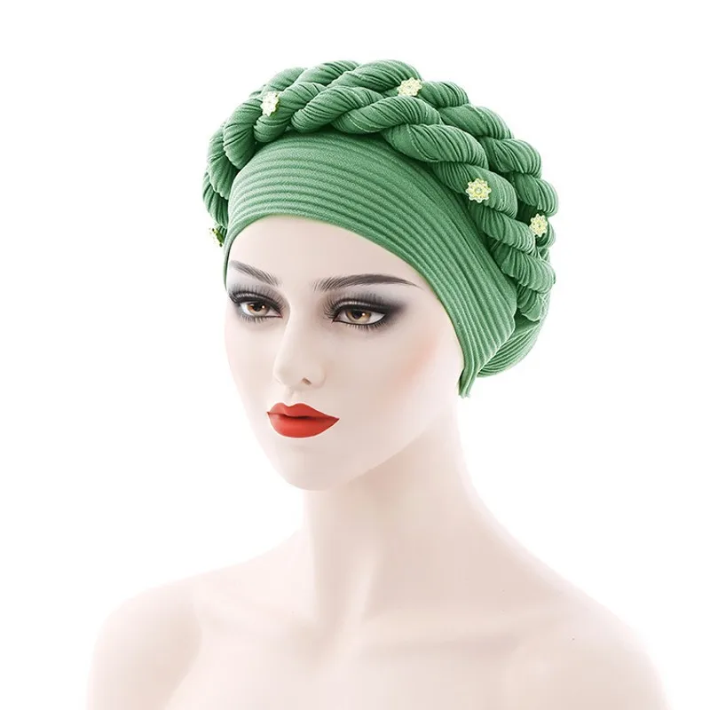 

Luxury Braid Women Bonnet Pearl Rhinestone Muslim Hat Linen Crumpled Twist Caps for Women Party Headscarf