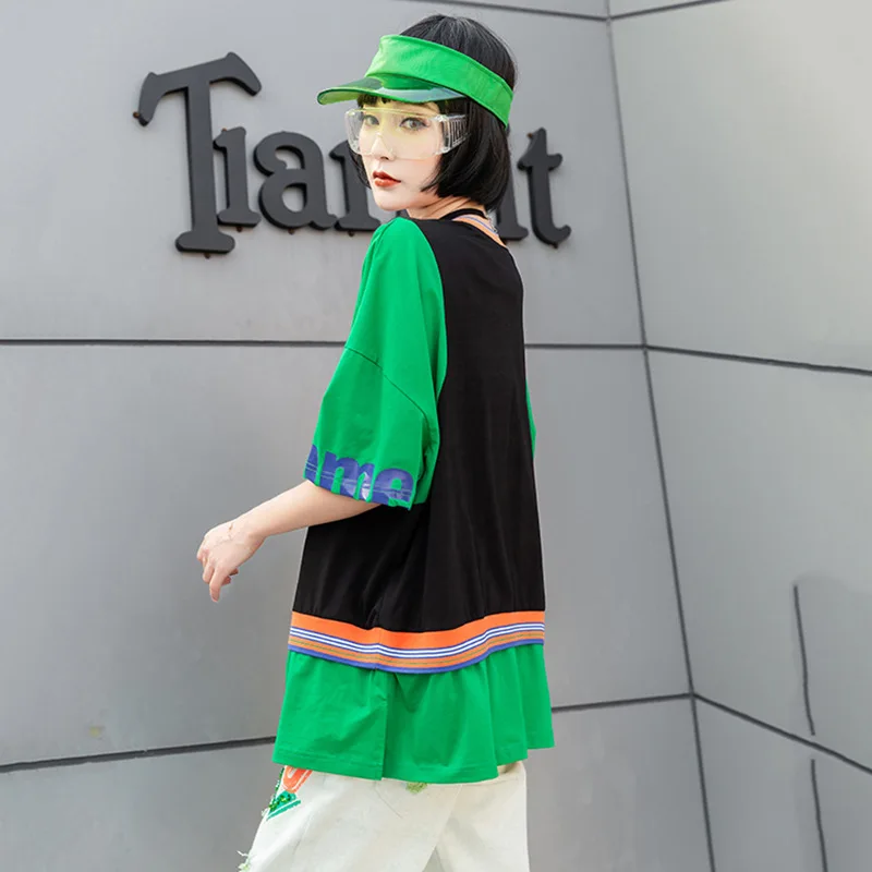 

Vefadisa Patchwork Letter Print Women T-shirt 2021 Summer Plus Size T-shirt Sequin Women T-shirt Loose Green Yellow QYF2771