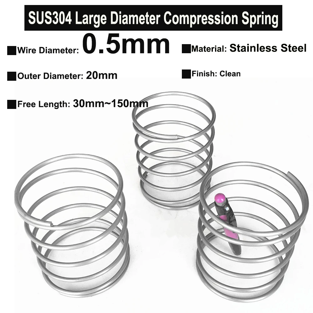 Resorte de compresión de acero inoxidable SUS304, diámetro de alambre de 5 piezas, 0,5mm, diámetro grande OD = 20mm, longitud libre de 30mm ~ 150mm
