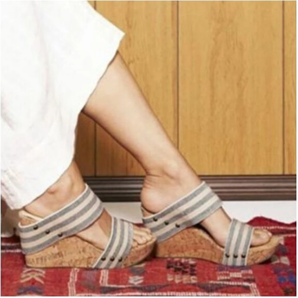 

Wedges Shoes Slippers For Women Sandals Plus Size High Heels Summer Shoes Striped Slides Chaussures Femme Platform Sandals 2021