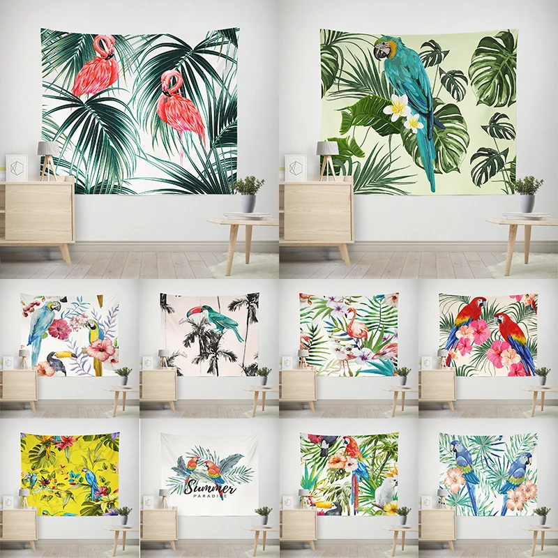 

Tropical life Tapestry Wall Hanging Flamingo Parrot Coconut Tree Wall Tapestry Wall Carpet Table Cloth