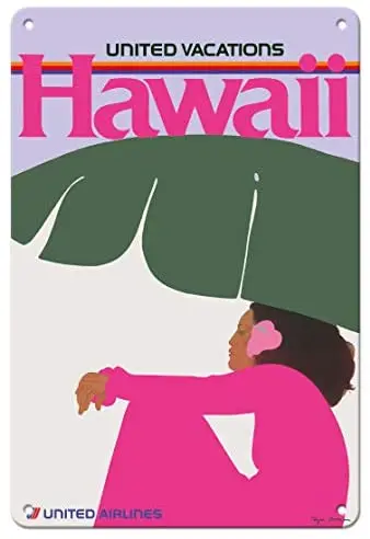 

Hawaii - Lady in Pink - United Air Lines Airline by Pegge Hopper c.1970s - Vintage Metal Tin Sign
