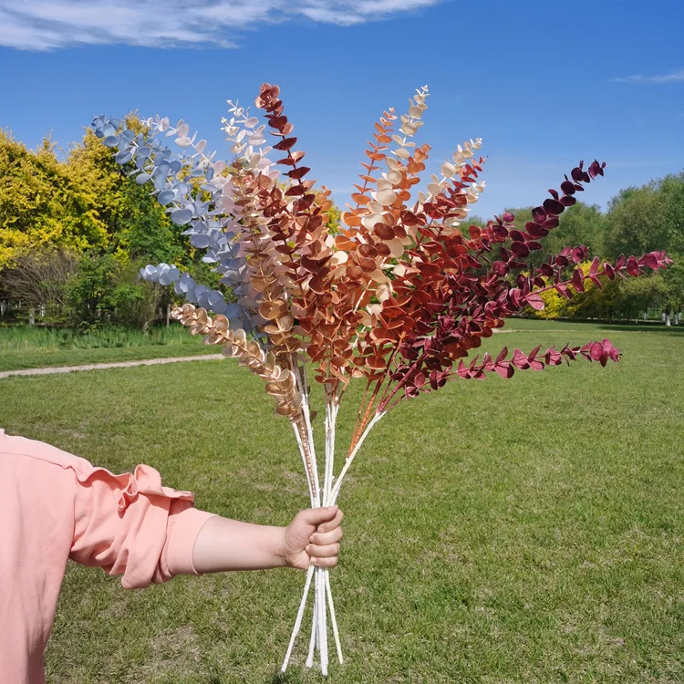 

Fall Decor 5 Fork Eucalyptus Leaf Wedding Plastic Flower Pink Home Decore Wedding Decoration Table Centerpieces Fake Flowers