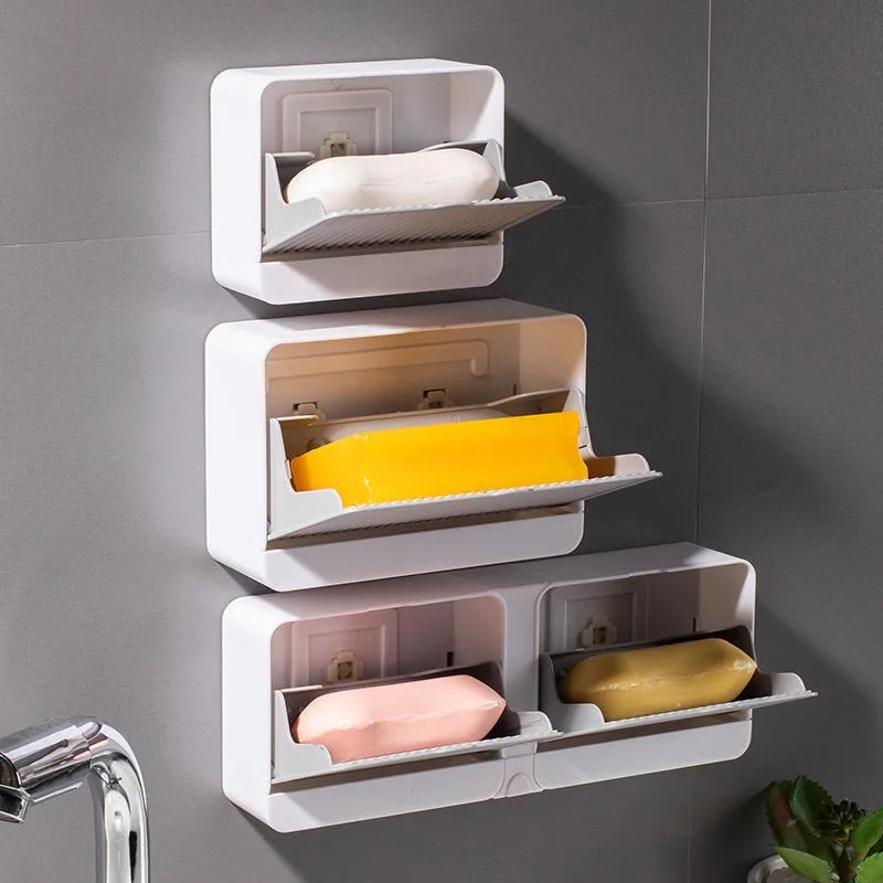 

Wall-mounted Soap Box Punch-free Double Grids Soap Draining Rack With Lid Self-adhesive Plastic Bathroom Soap Holder Accessories