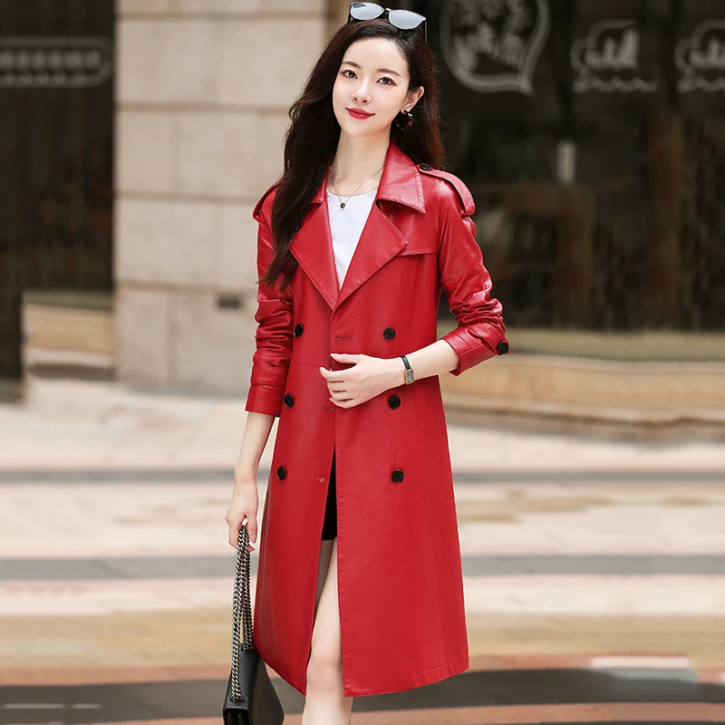 New Women Leather Trench Coat Spring Autumn 2022 Elegant Fashion Single Breasted Solid Slim Sheepskin Coat Leather Outerwear