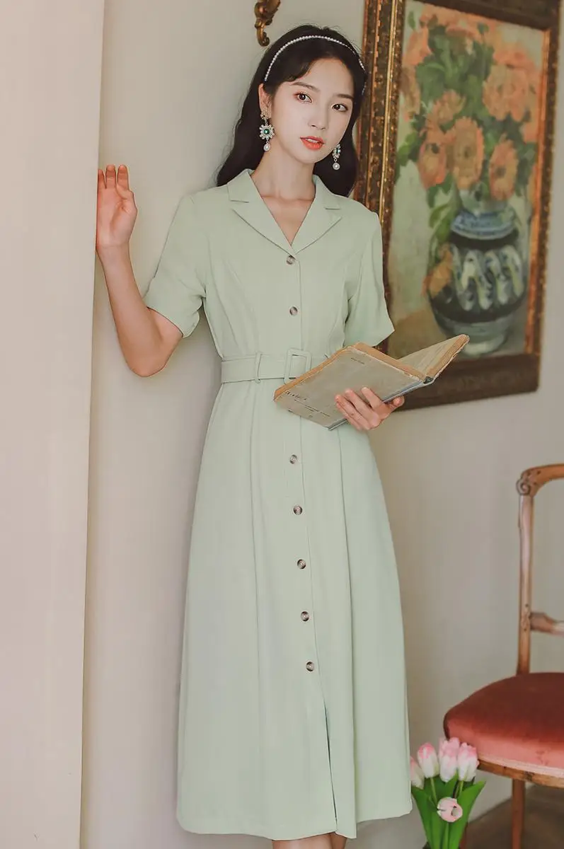 

COIGARSAM Vintage Women dress Single Breasted Dresses Green 1550