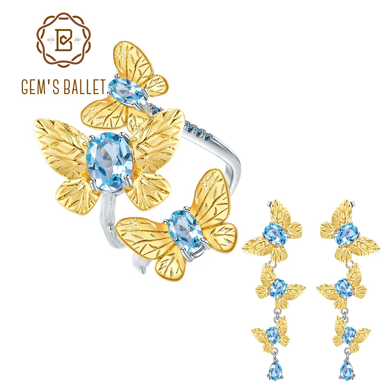 

GEM'S BALLET Butterfly Floral Natural Blue Topaz Ring Earrings Pendant Set 925 Sterling Silver Handmade Set Women Jewelry