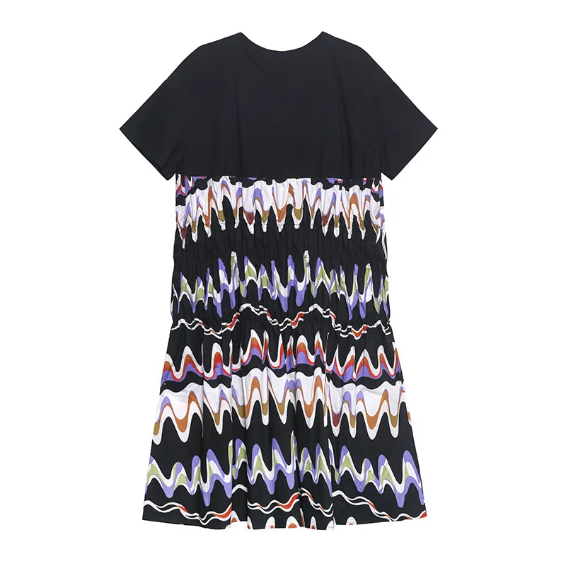 

2021 New Trend Long Dress Waist Nipped Fashion Lady Street Snap BF Neon Green Wave Grain Print Short Sleeve Skirt Women