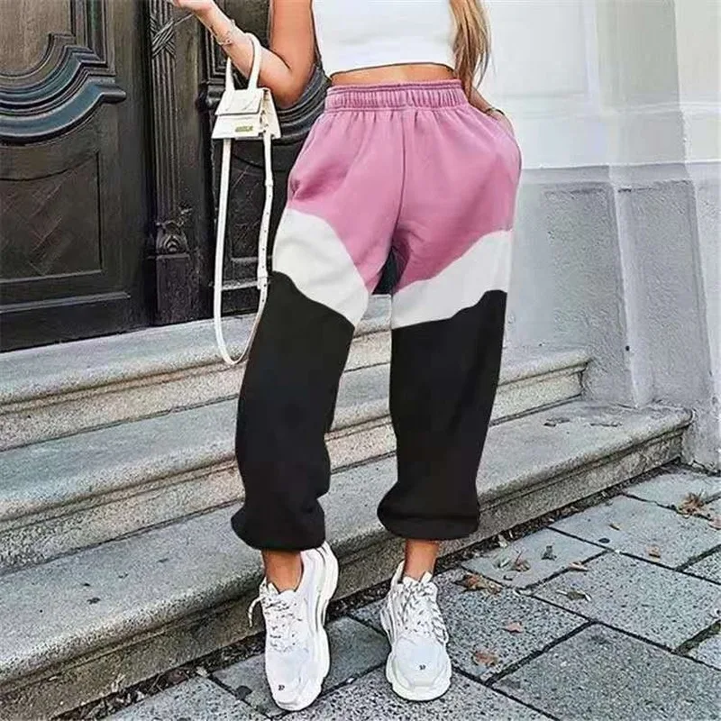 

Elastic Waist Pocket Sweatpant Japan Style 2021 White Powder Print Harem Pants Trousers Patchwork Jogger Women Plus Size Elegant