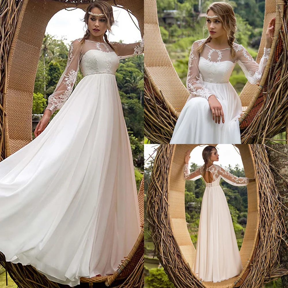 

Шифоновое Свадебное Платье-трапеция в богемном стиле, с длинным рукавом, круглым вырезом, со шлейфом, свадебные платья с аппликацией