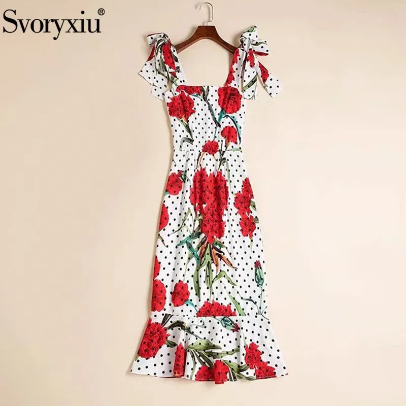 

Svoryxiu New Runway Summer Dot Flower Print Dress Women's Fashion High Waist Sexy Party Bow Spaghetti Strap Mermaid Dresses