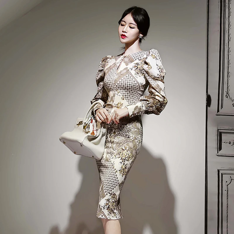 Офисное женское облегающее платье с принтом сексуальное элегантное модное на