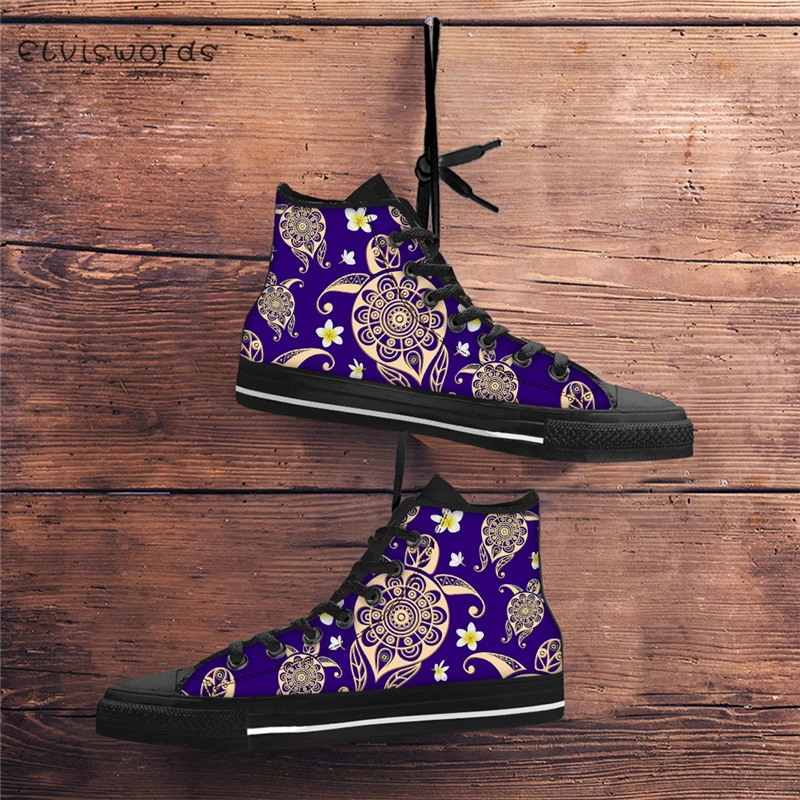 

ELVISWORDS Hawaiian Sea Turtle Print Canvas Shoes Fashion Women High Top Vulcanized Shoes Teenager Girl Classic Lace-up Sneakers