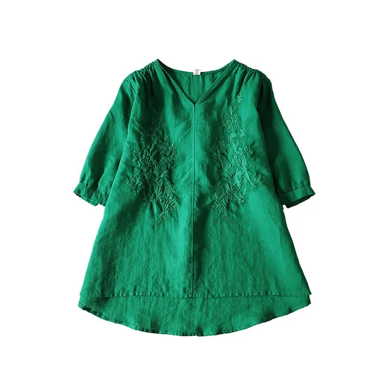 

New Summer Women Tshirt Plus Size Short Sleeve Loose V-neck Tops Femme Cotton Linen Embroidery Vintage Tee Shirt 4XL HXJ12