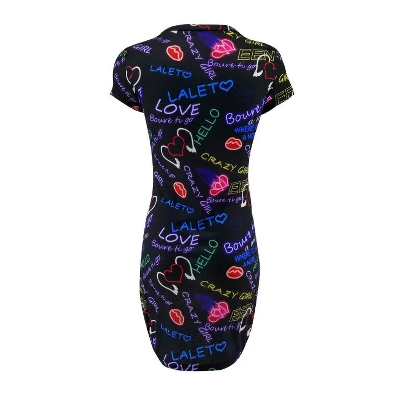 

High-Waist Neon Letter Print Short-Sleeved Bodycon Dress Women's Summer Sexy Fashion Nightclub Party Skinny Hip-Wrap Mini Dress