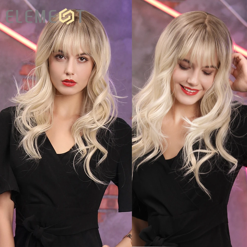 

Парик женский, Платиновый, волнистый, блонд, с эффектом деграде, с темными корнями, с челкой