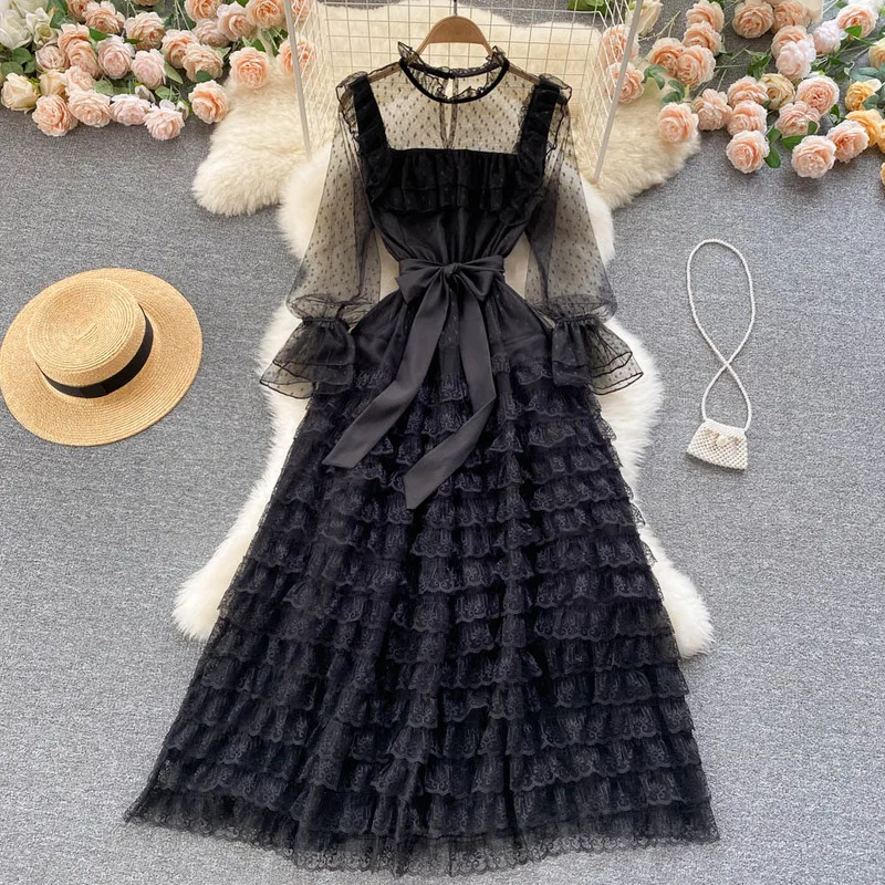 

Black Polkadot Print Layered Ruffles Maxi Dress Belt Lace Embroidery Petal Sleeve Elegant See Through Party Dress Vestidos New