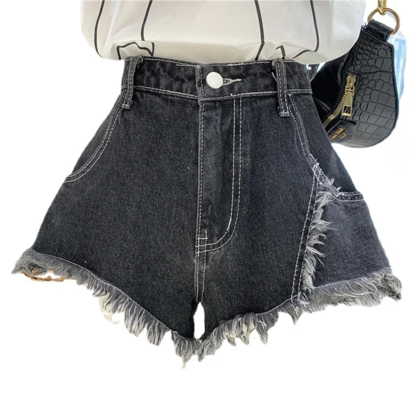 

Women's Ripped Raw Edge Denim Shorts 2021 Summer New Korean Style High Waist A- Line Hot Pants Jeans Short Femme Blue Black