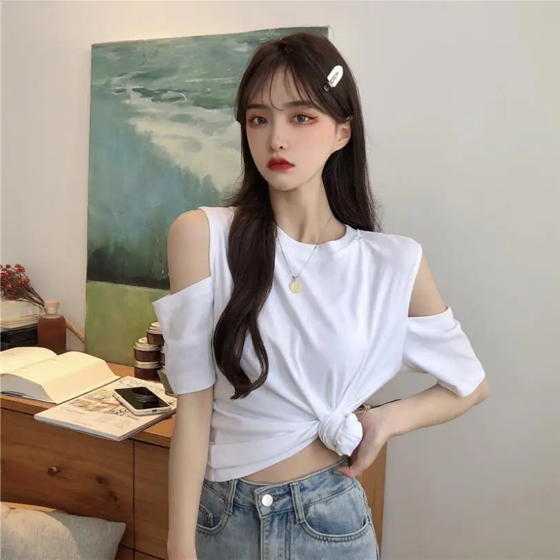 

6535 Cotton Design Slimming Bottoming Shirt Strapless Loose Top Women Summer Casual Short-sleeved T-shirt Women Clothing