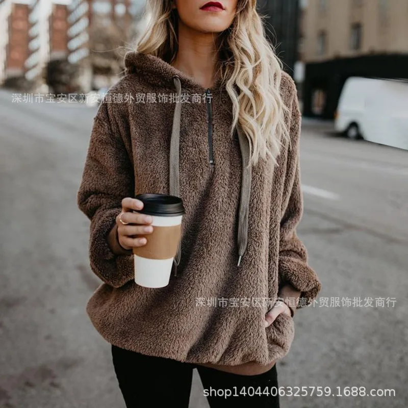 dark khaki Зимние теплые Повседневное двойной Fuzzy 1/4 толстовка на молнии из искусственного флиса карман с длинным рукавом безразмерная подстежка на искусственном меху, пуловер с капюшоном пальто, верхняя одежда - Цвет: dark khaki