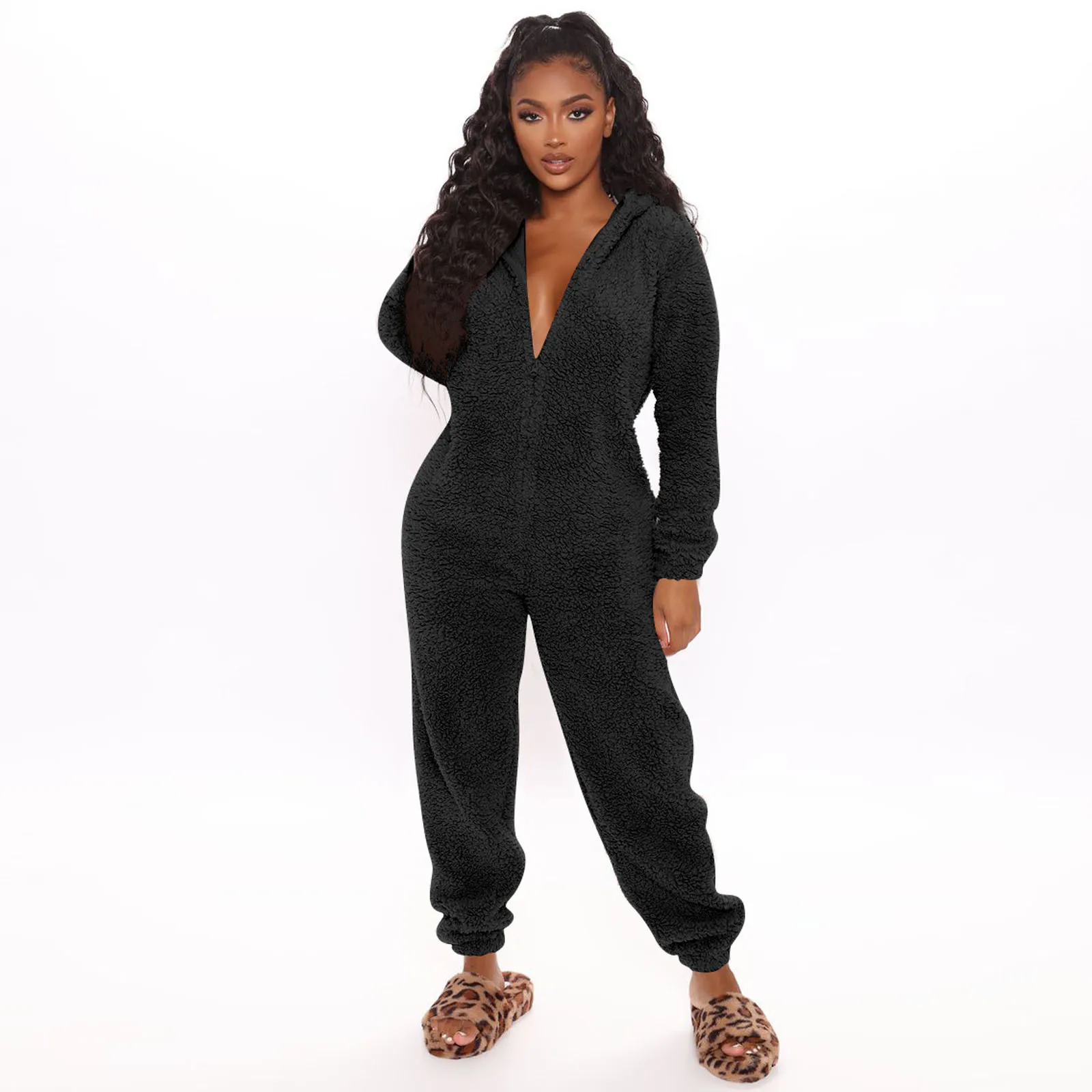 

Sexy Rompers Women Autumn Winter Lovely Zipper Plush Hooded with Ears Long Sleeve Warm Loose Casual Female Flannel Jumpsuits