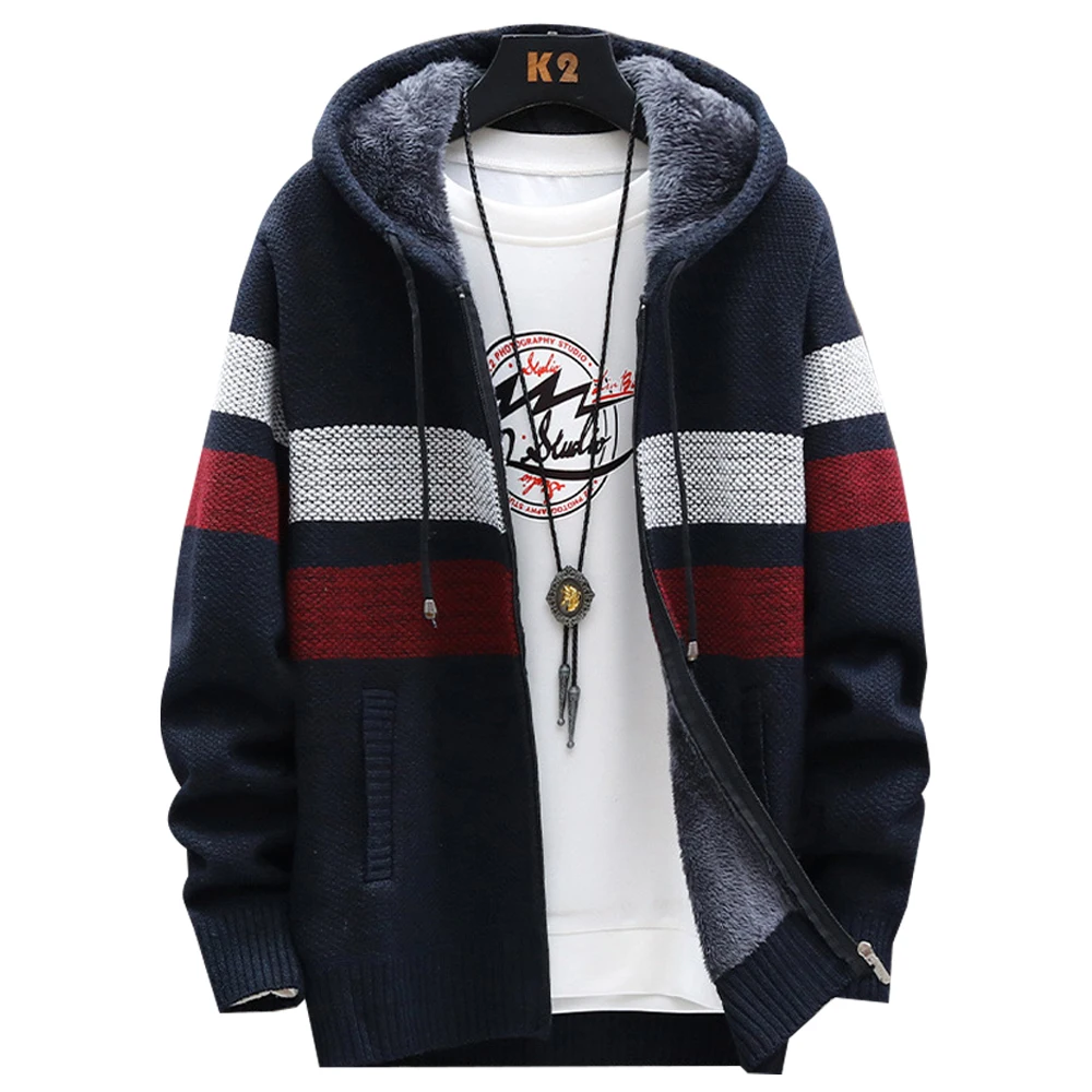 

Cofekate Jackets for Men Fashion Coat Hooded Tunic Thick Winter Mens Clothing 2020 New Korean Style Men Stripe