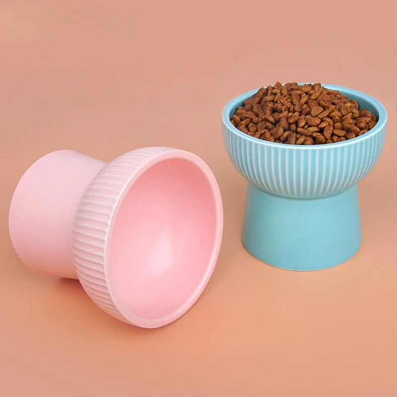 

Cute pet bowl heightened ceramic bowl safety high foot protection cervical spine cartoon cat food dispenser cat bowl