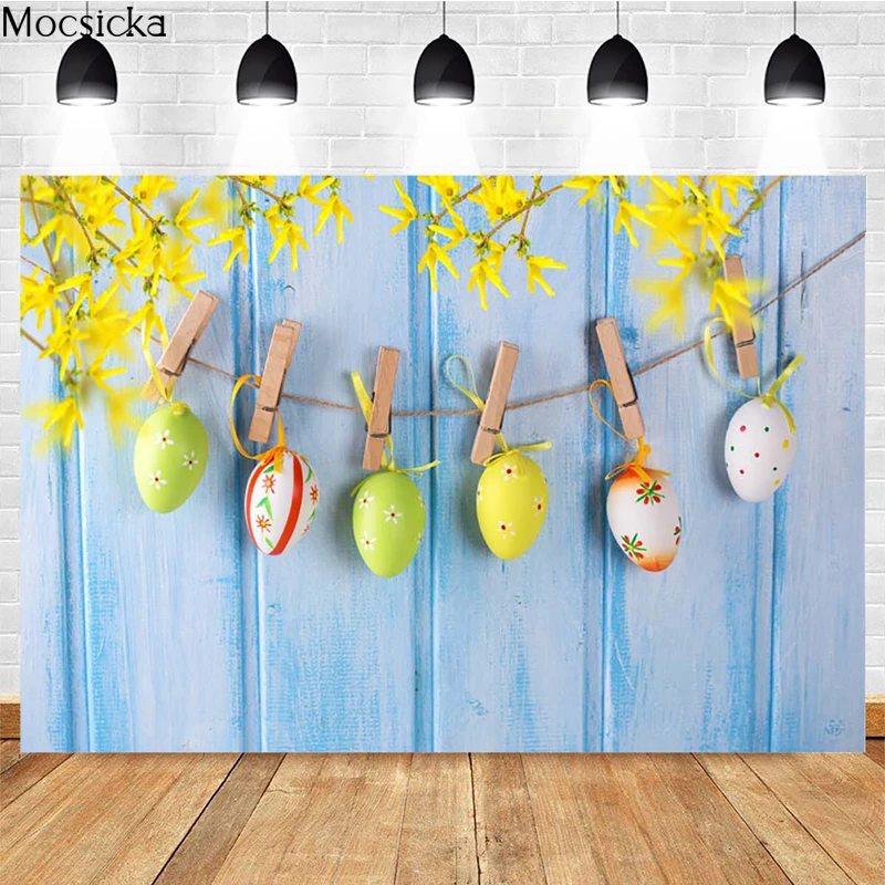 

Easter Photography Background Spring Easter Eggs Blue Wooden Board Decoration Baby Shower Birthday Party Photo Backdrop Banner