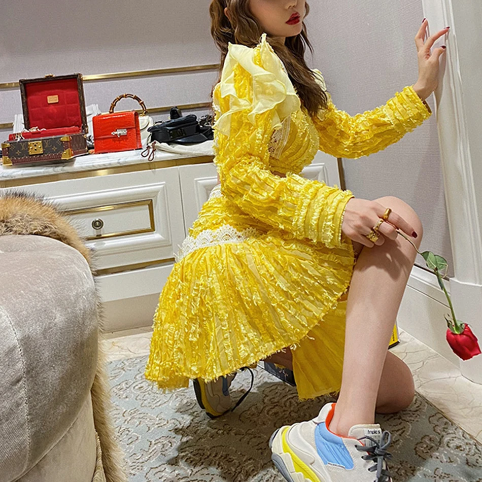 Пикантный желтый черный костюм Ailigou из двух предметов женский кружевной топ с