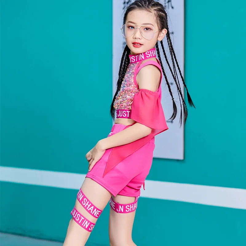 

Hip Hop Costume Girls Jazz Suit Pink Sequins Cheerleader Dance Performance Clothing Street Dancing Outfit Stage Wear