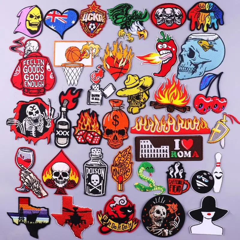 

Punk Skull Embroidered Patches For Clothing Basketball Iron On Patches On Clothes Red Fireworks Patch For Jacket Applique DIY