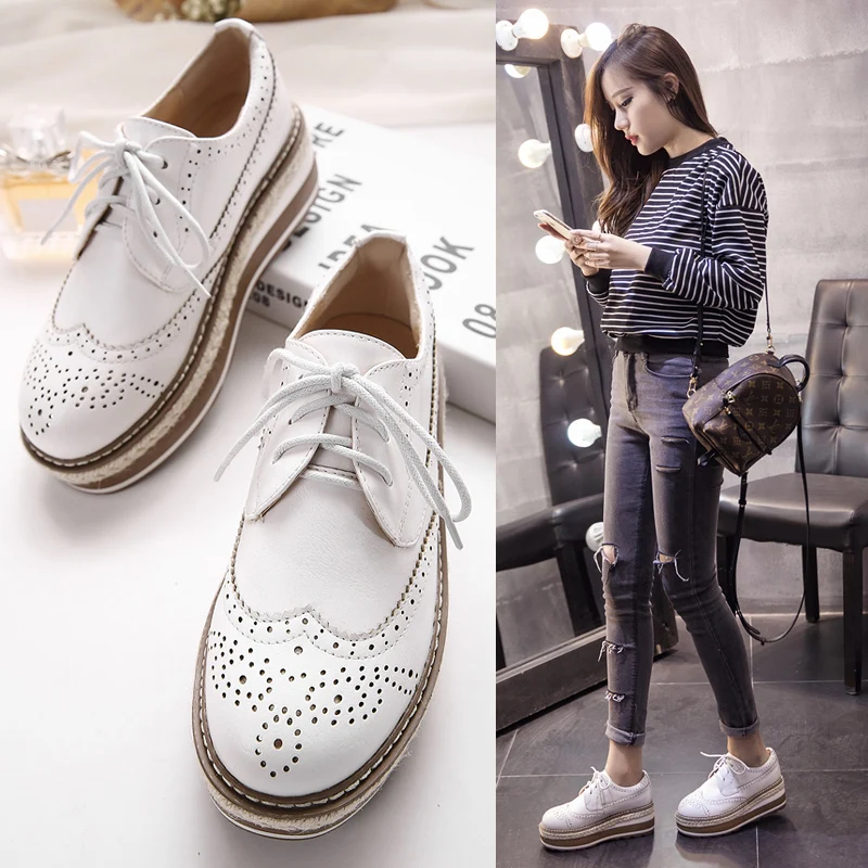 

British Style Oxford Shoes for Women Lace-Up Carving Brogue Shoes Platform Creepers Women's Flats Derby Loafers Bullock