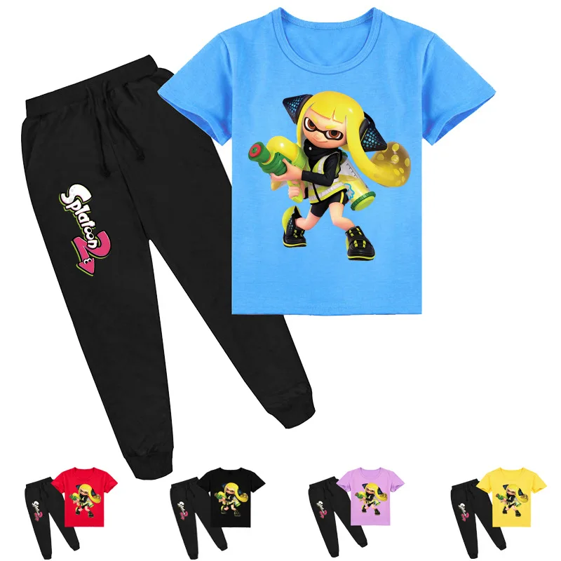 

2-16 2021 Summer Cartoon Splatoon T Shirt Girls Callie Marie Green Sportsuit Kids Clothes Boys Short Sleeve Tops Pants 2pcs Sets