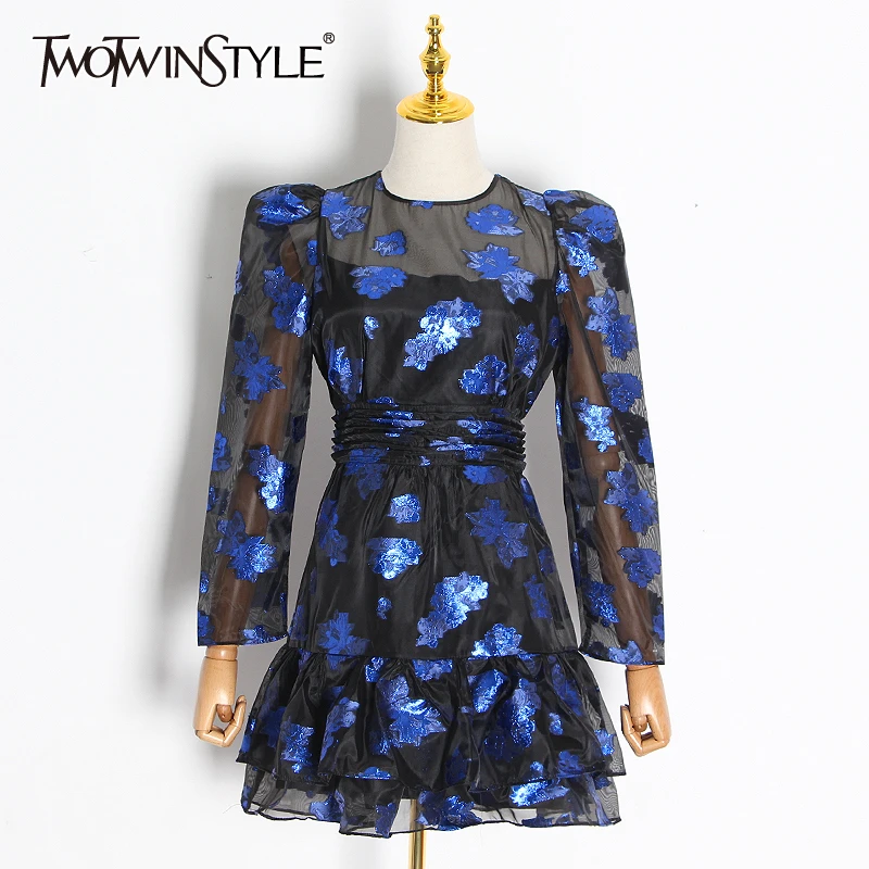 TWOTWINSTYLE Print Perspective Mesh Dresses Female O Neck Puff Long Sleeve High Waist Ruffle Mini Dress Women 2020 Clothing Tide | Женская