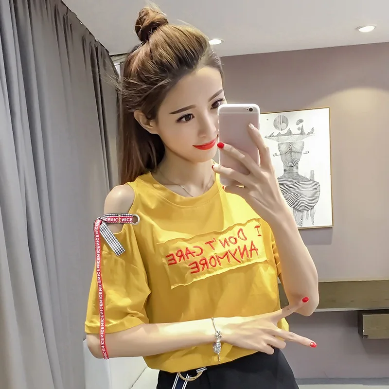 

Korean Harajuku T Shirts Letter Print Strapping Short Sleeve Casual T-shirt O-neck Women Top Tees Summer T Shirts Women 2020