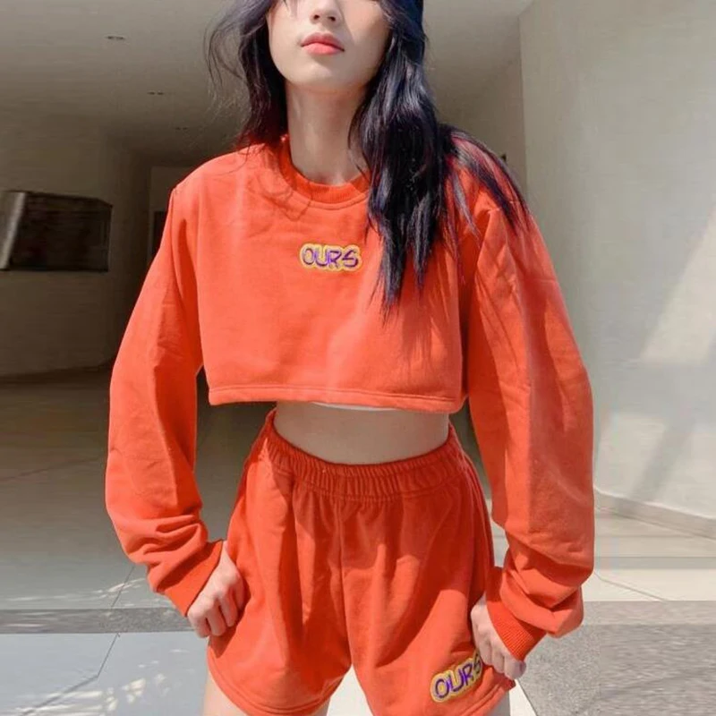 Fall Tracksuit Two Piece Set Outfits Suit Women Clothing Streetwear Embroidery Long Sleeve Sweatshirt Elastic Waist Shorts Sets |