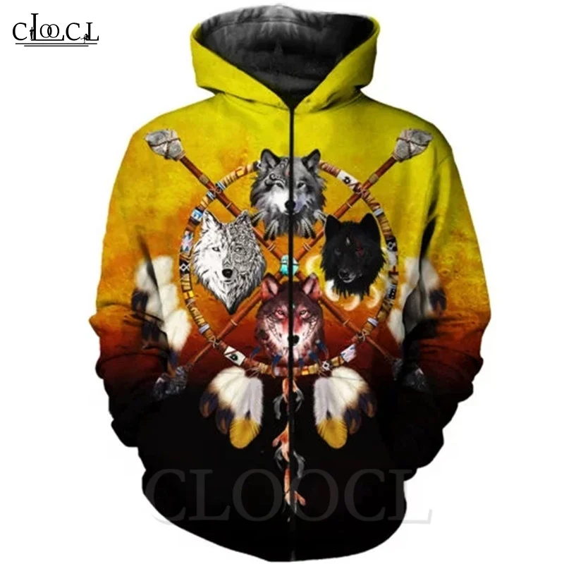 Толстовки с капюшоном и 3D принтом CLOOCL Native Indian Wolf толстовки на молнии для мужчин