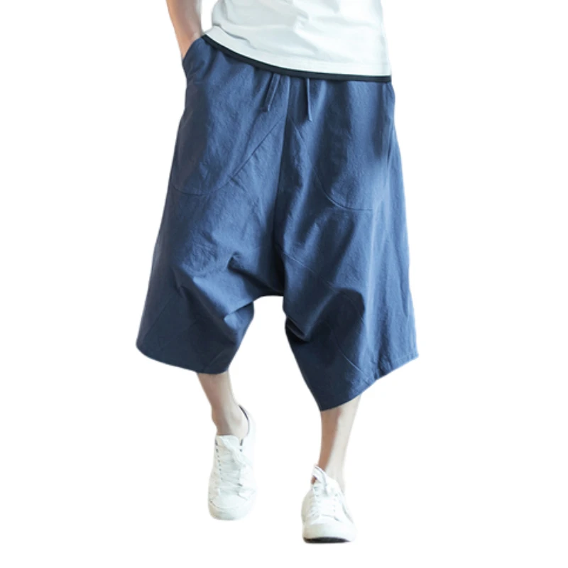 Мужские шаровары с заниженным шаговым швом летние мешковатые брюки из чистого