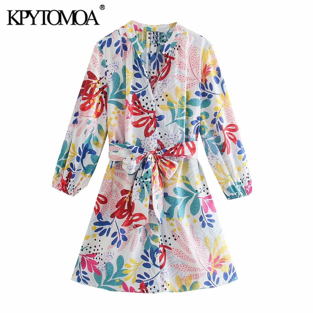 

KPYTOMOA Women 2021 Fashion With Belt Floral Print Mini Dress Vintage Three Quarter Sleeve Button-up Female Dresses Vestidos